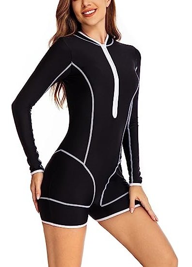 Women's One Piece Boyleg Surfing Swimsuit Long Sleeve Rash Guard UPF 50+ Bathing Suit for Ladies